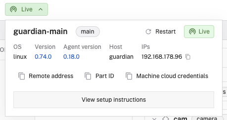 machine cloud credentials button on the machine part info dropdown