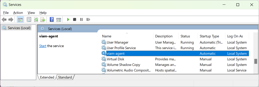 Windows Services manager with viam-agent highlighted.
